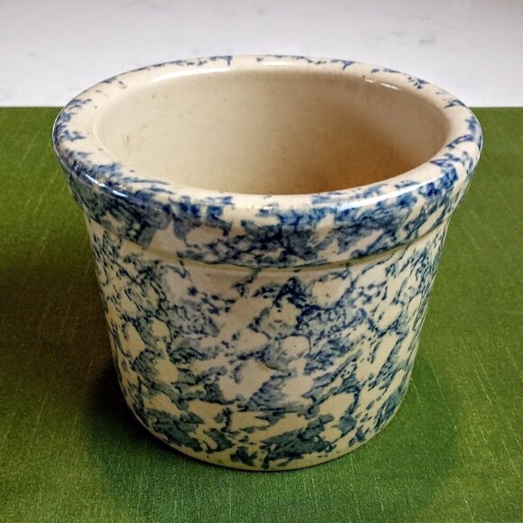 Roseville Pottery Blue Spongeware 1 Pt. Low Crock - Picture 1 of 3